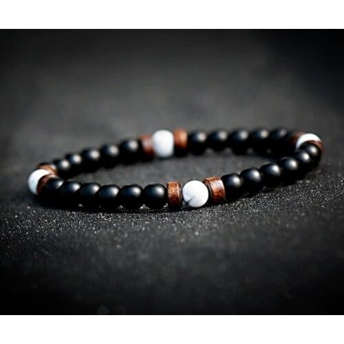 Classic 6MM Black Matte Beads Black&White Stone Bracelets Vintage Wood Beaded Bracelet Pulseira Masculina