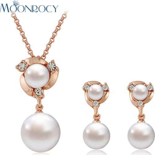 MOONROCY Free Shipping Rose Gold Color Crystal Necklace and Earrings Jewelry Set Imitation Pearl for Women Gift
