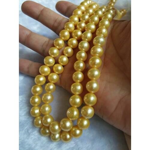 Beautiful 35" AAA+ 9-10mm real natural south sea Round Gold pearl necklace