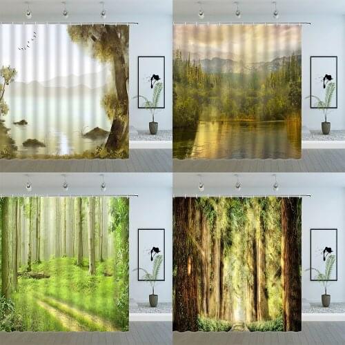 Forest Natural Scenery Shower Curtains Green Plant Tree Waterfall Landscape Pattern Bathroom Decor Fabric Hanging Curtain Set