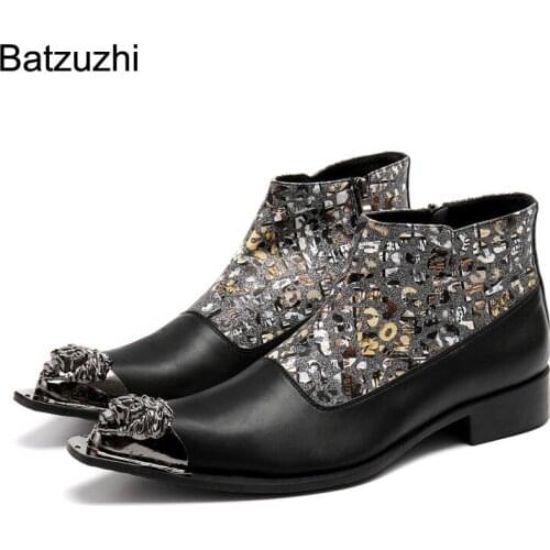 Batzuzhi Fashion Mens Ankle Boots Genuine Leather Personality Pointed Metal Toe Zip Black Color Leather Motorcycle/Party Botas