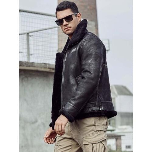 New Shearling Coat Mens B3 Bomber Jacket Black Leather Jacket Short Fur Coat Mens Winter Coats Natural Sheepskin Coat