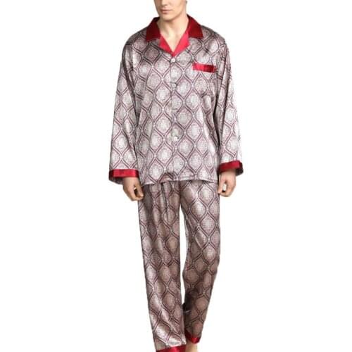 Men Summer Imitation Silk Pajama Set Print Shirt Long Pants Sleepwear Nightwear