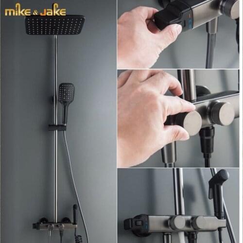 Gunmetal gray thermostatic shower set luxury gun metal 4 function shower mixer hot and cold bathtub thermostatic shower kit