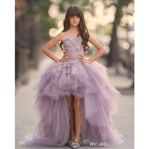 Girls Pageant Gowns Lace Applique Sleeveless Flower Girl Dresses For Wedding Purple Tulle Puffy Kids Communion Dress