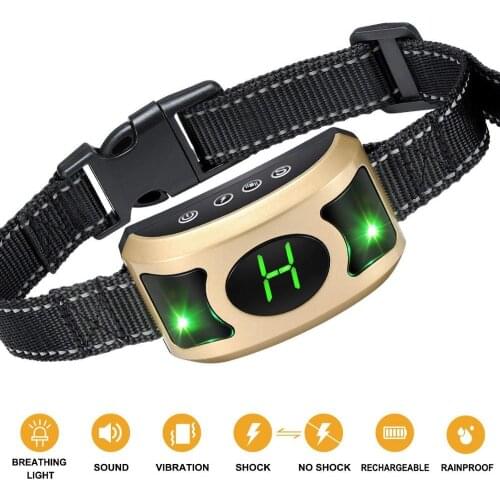 Rechargeable Anti-Bark Dog Breathing Light Shock Vibration Humane No Bark Collar