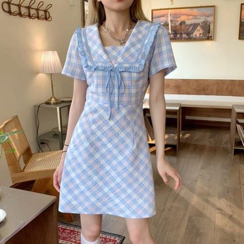 Sweet Girl Lolita Dress Summer Japanese Kawaii Navy Collar Slim Plaid Puff Short Sleeve Dress Elegant Vintage Y2k Loli Clothing