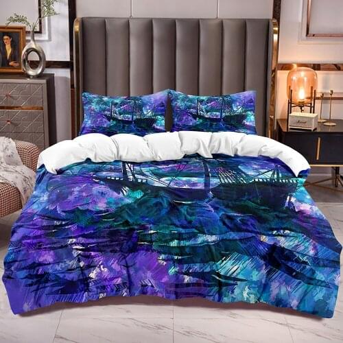Bedding Comforter Cover with Blue Purple Ocean Ship Print White Reverse Microfiber Soft Duvet Cover for Teens Adults