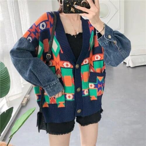 V-neck Sweater Womens New Korean of Loose Large Size Lazy Wind Thickened Cardigan Knitting Tops Fashion Women Cardigan Splice