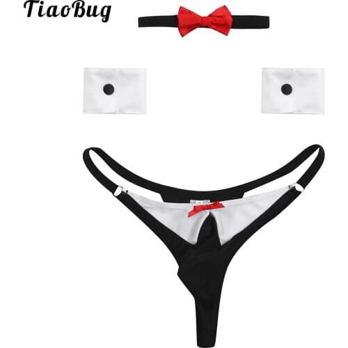 TiaoBug 3Pcs Black Mens Lingerie Bow Tie Tuxedo Thong G-String Briefs With Collar And Bracelets