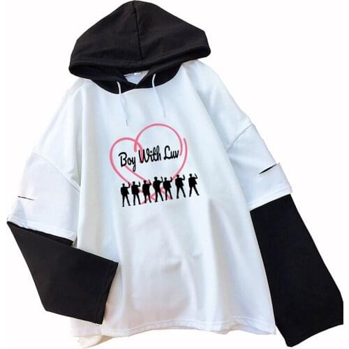 Boy With Luv Hoodies Women Autumn Spring New Korean Kpop Casual Streetwear Harajuku Fake Two Pieces Patchwork Hooded Sweatshirts