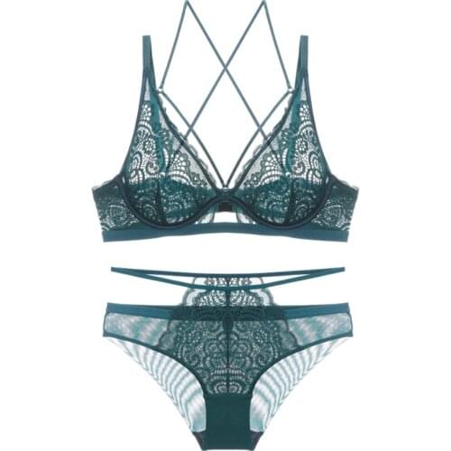 Green Deep V Sexy Bras For Women Backless Ultra Thin Transparent Lace Bra And Panties Set Girls Lingerie Plus Size White Black