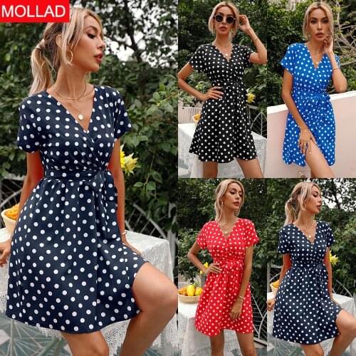 Womens Clothing European and American Summer Dot Sexy V-neck Short Sleeve Dress Mini Women Casual Dresses