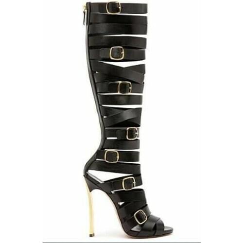 Woman Golden Buckle Straps Metal Heels Sandals Boots Ladies Cutout Summer Knee Boots Metal High Heel Peep toe Gladiator Boots