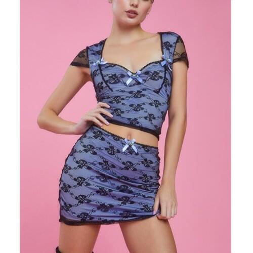 2Pieces Women Summer Skirt Suits Floral Lace Bow Outfits Chic Short Sleeve V-Neck T-shirt Crop Top+Mini Bodycon Skirt Female Set