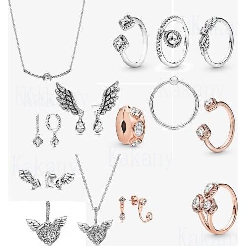 2020 New 100% S925 Sterling Silver Heart-shaped Sparkling Angel Wings Earrings Suitable Diy Women Original Fashion Jewelry Gift
