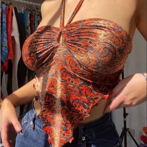 SEASONS Print Hollow Out Ruched Crop Tops For Women Sleevelss Criss Cross Neck Streetwear Sexy Slim Skinny Female Vest ASVE83270