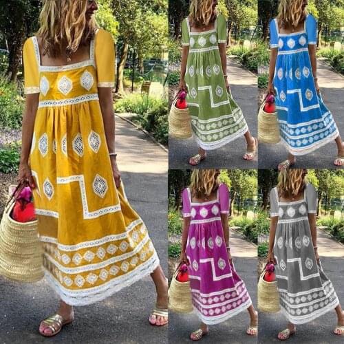 40# Women Summer Casual Dress Sexy Plus Size Beach Boho Bohemian Dress Print U-neck Short Sleeve Big Swing Maxi Dresses Vestidos