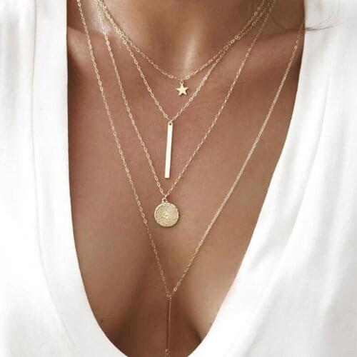 RE Bohemian Fashion Women Necklaces&Pendants Star Geometric Round Multi Layer Necklace Charm Bar Statement Necklace For Women 35