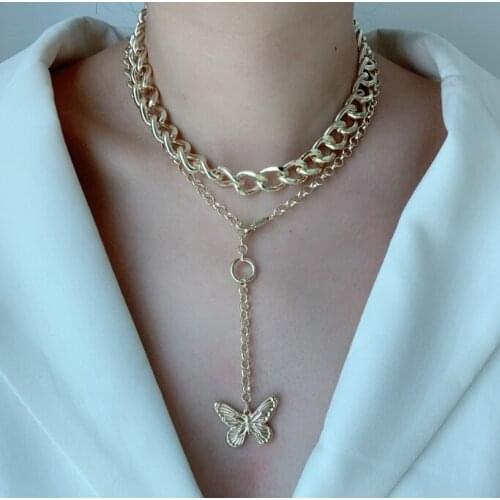 Docona Trendy Gold Butterfly Pendant Necklace Girls Gift Punk Cuban Chain Geometric Metal Necklaces for Women Jewelry 15296