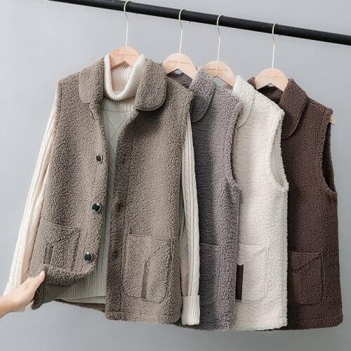 ISENMAL Winter Vest Jackets Lamb Wool Thicken Warm Waistcoat Women Turn Down Collar Hidden Button Pockets Outwear Sleeveless Coa
