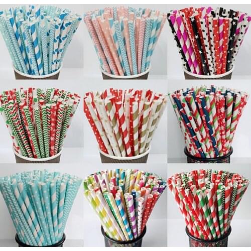 100pcs Colorful Disposable Paper Straws Wedding Even Party Supplies Stripes Pink Drinking Straw Kids Baby Shower Birthday Decor