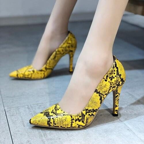 2021 Sexy Women Fashion Single Shoes 9cm Thin High Heels Serpentine Pointed Toe Pumps Office Party Snakeskin Shoes Ladies PW168