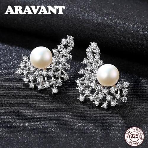 925 Sterling Silver Luxury Geometric Sparkling CZ Freshwater Pearl Stud Earrings For Women Engagement Jewelry
