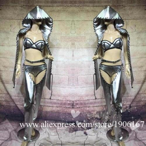 New Design Silver Color Big Hat Ballroom DS DJ Costumes Hip Hop Jazz Dance Clothes Catwalk Model Show Nightlcub Bar Bikini Suit