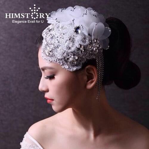 Himstory White Wedding Hat Veil Chain Tassel Fedoras Hair Jewelry Headpiecer Elegant Ladies Banquet Church Party Hairwear