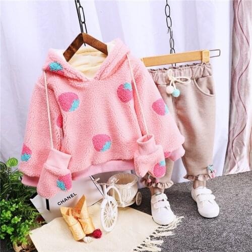 2021 Children Winter Clothes for Girls Hoodie with Gloves Pink White Top with Khaki Pants Strawberry Printed