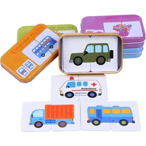 Childrens Toys Graph Matching Tin Box Jigsaw Game Card Pairing Learning Cartoon Animal Traffic Fruit Card Wooden Toys Child Ear