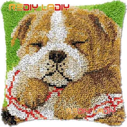 Latch Hook Cushion Sleeping Bulldog DIY Needlepoint Kits Chunky Acrylic Yarn Arts Crocheting Lofty Pillow Case Hobby & Crafts