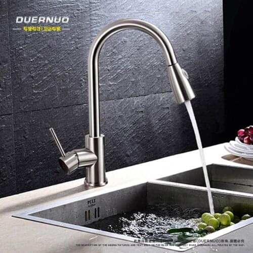 Copper hot and cold Pull-out type kitchen faucet rotating retractable belt shower vegetables basin sink Brushed