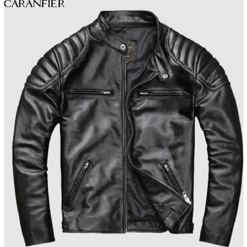 CARANFIER 2019 Vintage Genuine Leather Jacket Men Calf Skin Jackets Black Moto Clothing Man Biker Coat Boy Leather Coat Slim