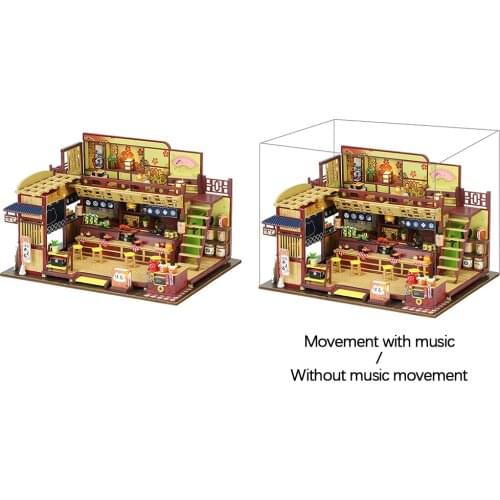 Creative Wood Japanese Style Dollhouse Sushi Shop With Furniture Kit Mini Miniature LED Light 3D Puzzles Building Kit for Girls
