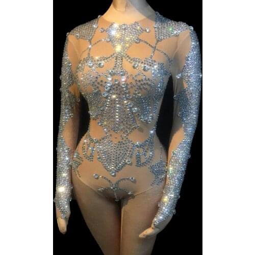 New Sexy Sparkly Rhinestone Mesh Leotard See Through Elastic Crystal Bodysuit Women Nightclub Outfit Signer Stage Dance Costume