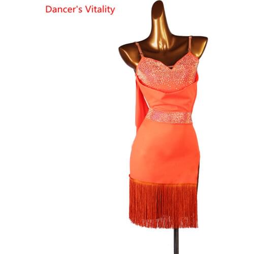 Latin Dance Dress Sling Diamond Tassel Skirt Performance Clothes High-End Custom Adult Child Profession Competition Clothing