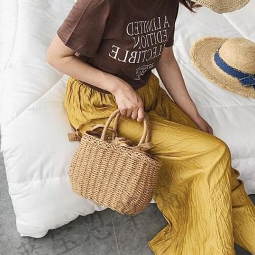 Simple Solid Hand-Woven Straw Bag Women Drawstring Large Capacity Cylinder Handbag WomenS Korean Fashion Handbag Woman 2021