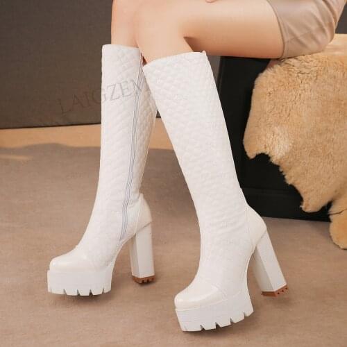 LAIGZEM Women Knee High Boots Platform Zip Up 11CM Chunky Heels Tall Boots Black White Faux Leather Shoes Woman Size 35 39 43