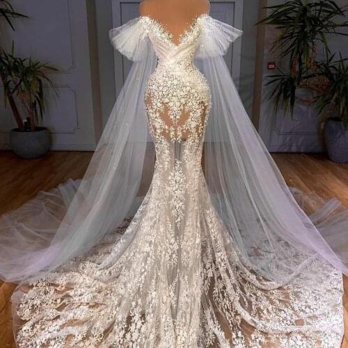 See Thru Mermaid Wedding Dress with Wrap Lace Applique Sweep Train Bridal Gowns Sweetheart vestido de novia