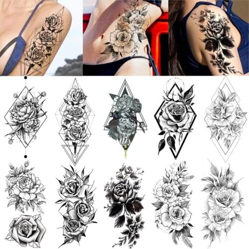 Waterproof Geometric Fake Temporary Arm Tattoos Sticker Black Rose Lily Tatoos Body Art For Women Realistic Peony Leaf Tattoos