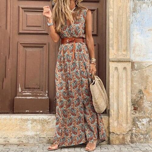 Everkaki Boho Floral Print Maxi Dress Women Summer Vestidos with Sashes Ladies Vacation Long Dresses Female 2020 New Fashion