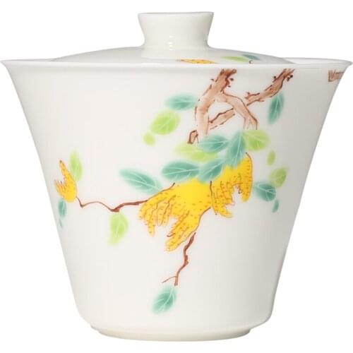 Hand-painted Sancai Covered Bowl White Porcelain Ceramic Household Tea Bowl Thin Tire Tea Tureen Accessories Home Decor