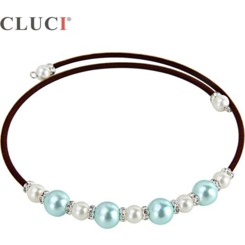 CLUCI 3pcs Necklaces Black/Brown Rope Chain String baby blue Shell Pearls Zirconia Collar Choker Adjustable Necklaces BN016SB