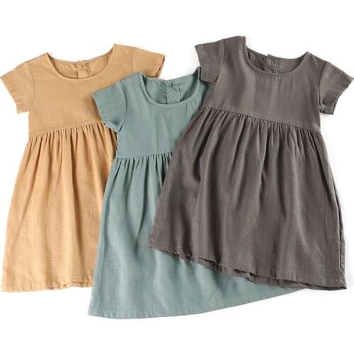 Baby girl dress Summer birthday baby cute dresses button up plain Cotton linen baby girl clothes 2-8years