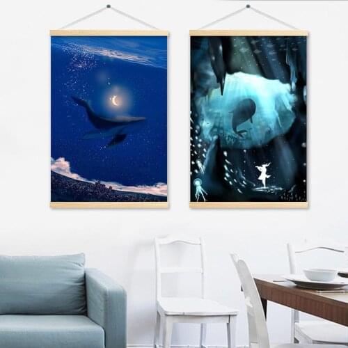 Blue Sea Whales Hanging Painting for Living Room Wall Decoration Hanging Shaft Scroll Painting Canvas Paint Wall Art Pictures