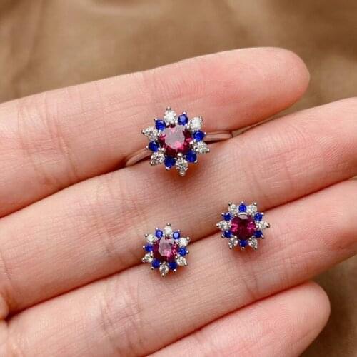 Classic Snowflake Earrings and Ring for Daily Wear Natural Garnet Silver Jewelry Set 925 Silver Garnet Jewelry