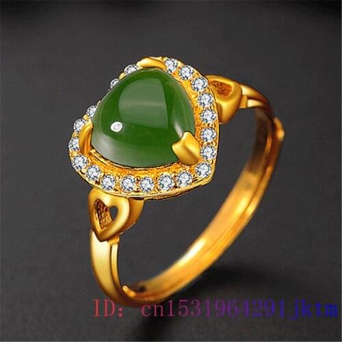 Green Jade Heart Ring Chalcedony Natural Women Zircon Fashion 925 Silver Gifts Amulet Gemstone Jewelry Crystal Men Charm