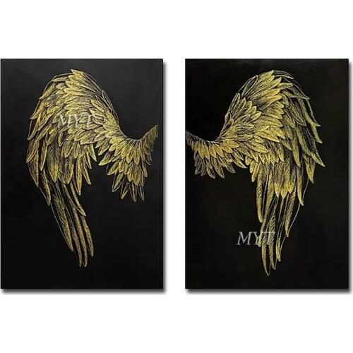 Creative Hand-painted Abstract Gold Wings Oil Painting Pictures 2 Pieces Canvas Wall Art Living Room Decor Paintings No Frame